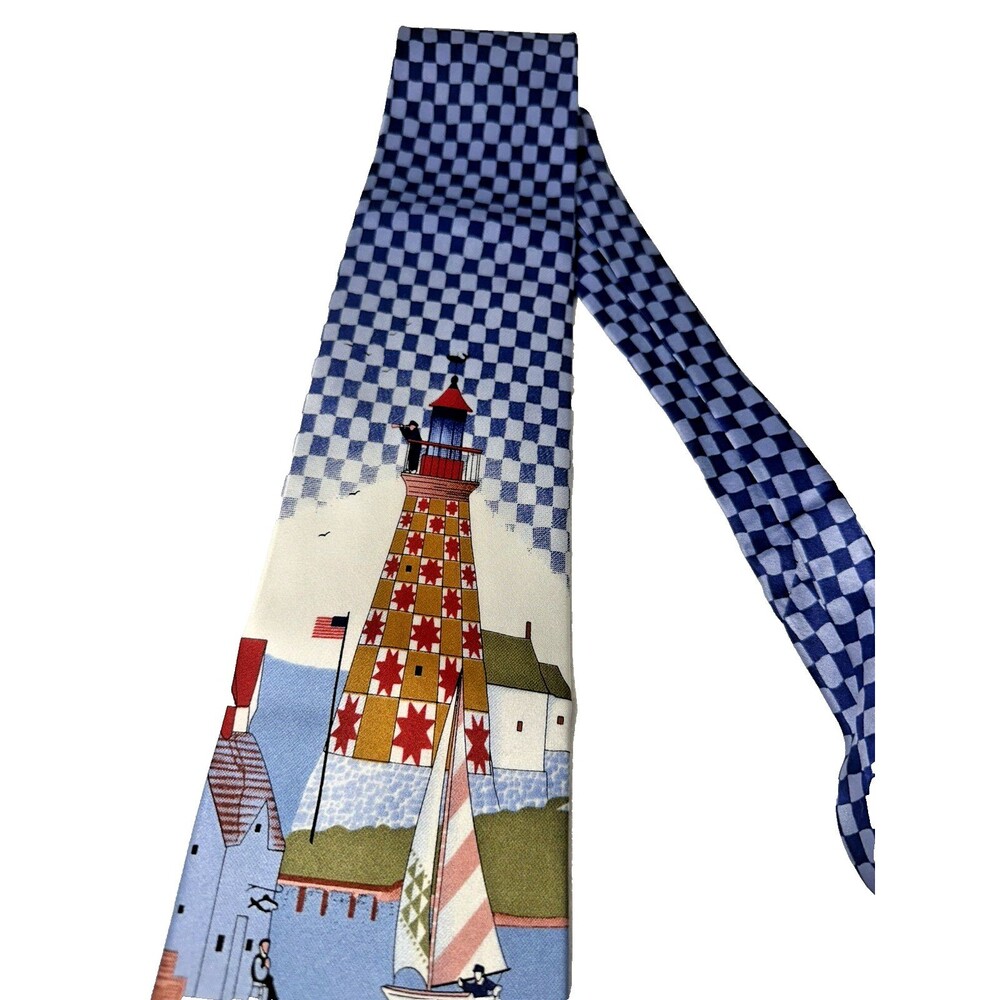 Jim Shore Silk Lighthouse Sailboats Nautical Tie Signature Series Blue